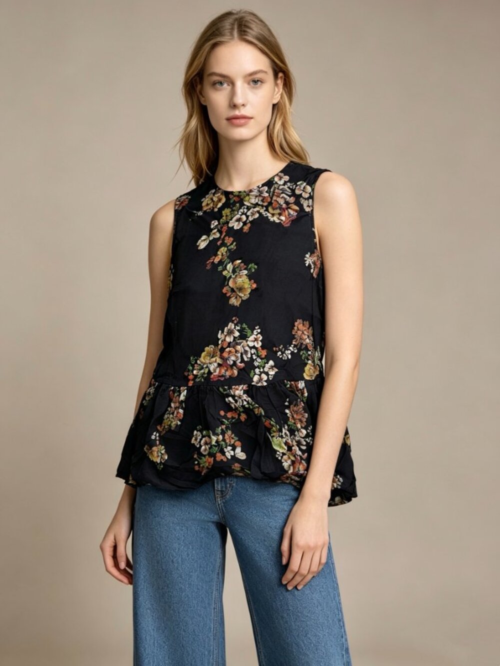 NWT JIGSAW Black Floral Blouse Ruffle Sleeveless Tank Top Size 6 - Picture 1 of 8